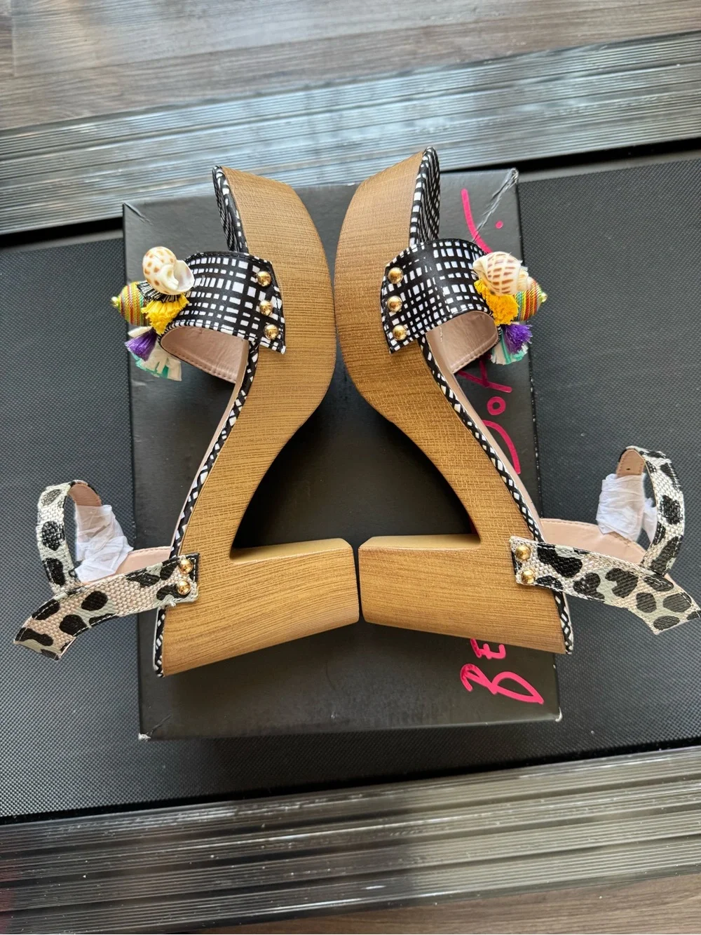 Betsey Johnson Jillie Black & White Platform Sandals With Multicolor Tassels